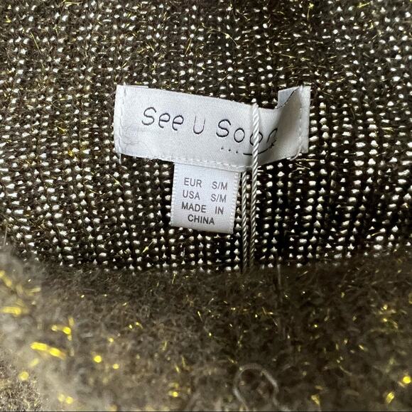 NEW See U Soon Brown Mock Neck Sweater S/M Gold Metallic - Picture 2 of 6